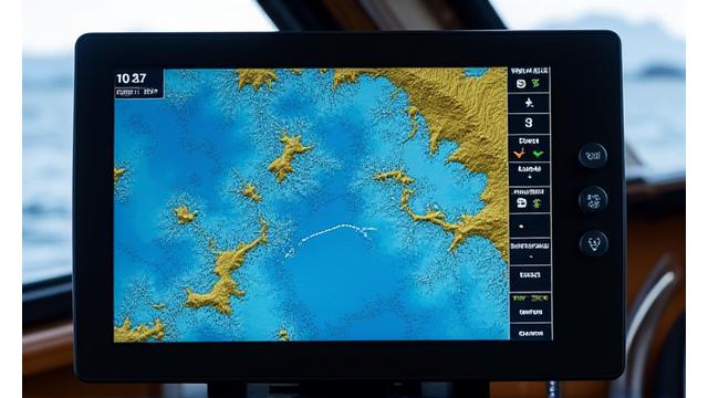 Marine GPS chartplotter displaying detailed nautical charts, waypoints, and real-time boat position