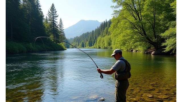 Angler fly fishing in a clear river, casting line
