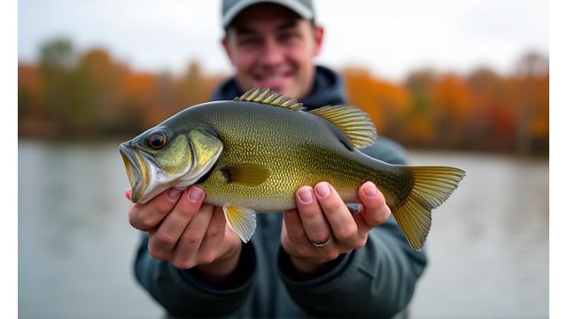 Angler holding a large smallmouth bass, lake in background