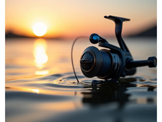 Close-up of fishing reel with line, reflecting calm water and a sunrise