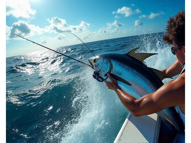 Angler fighting a large saltwater fish from a boat