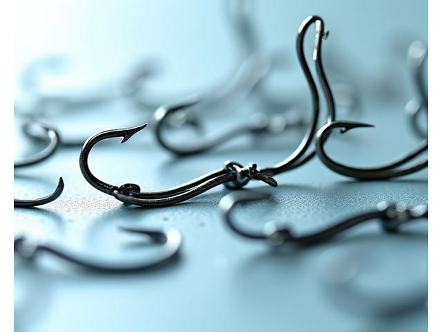 Variety of sharp fishing hooks in different sizes and styles for various fish.