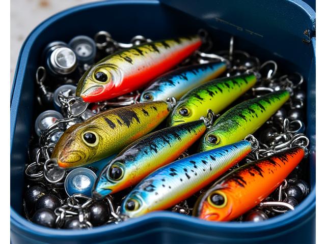 Assortment of fishing lures, weights, and lines cascading from a tackle box.