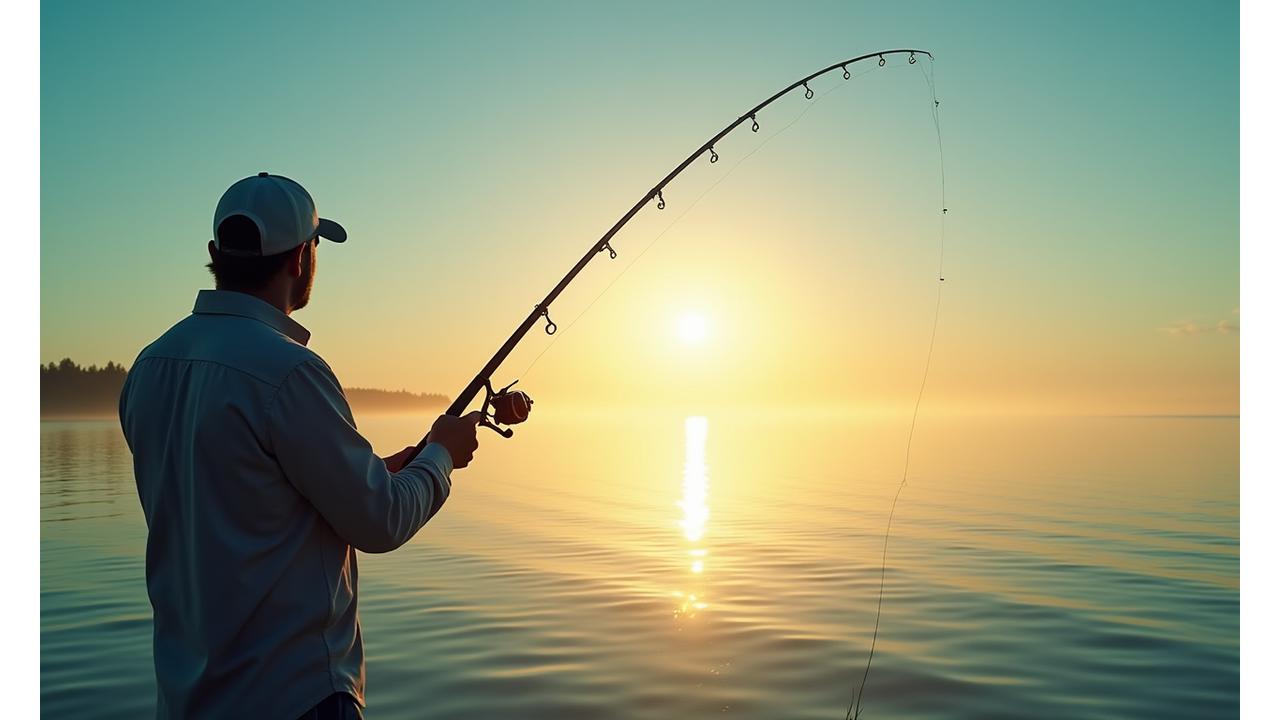 Angler casting a fishing rod at sunrise with premium fishing gear. 