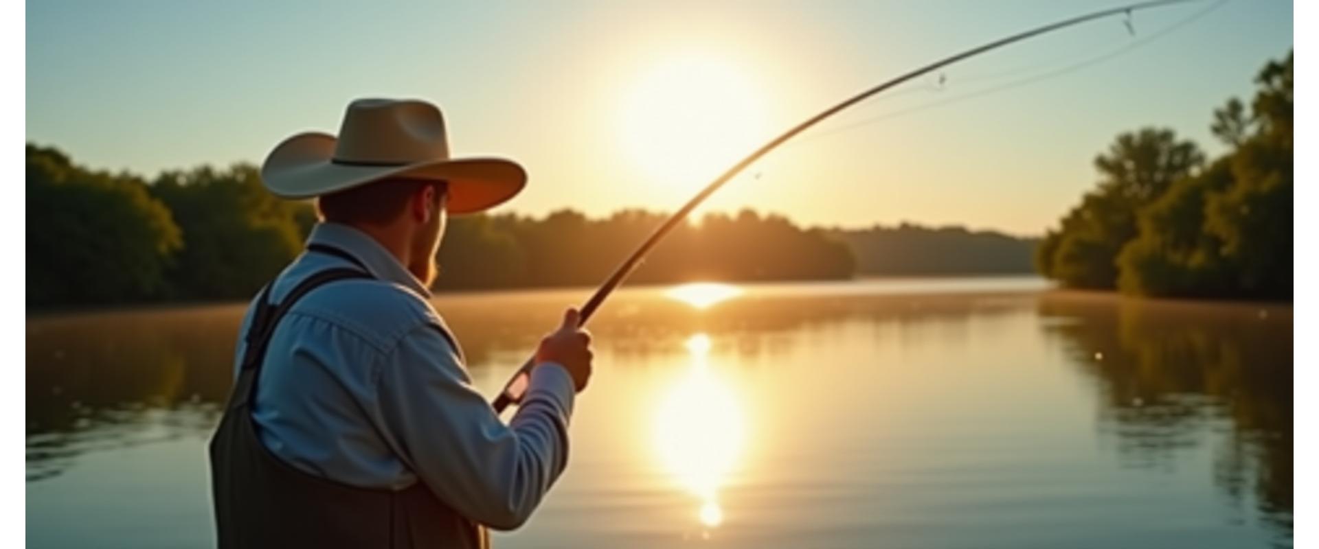 Angler wearing a wide-brimmed fishing hat, casting a line into a sunny lake with clear skies.